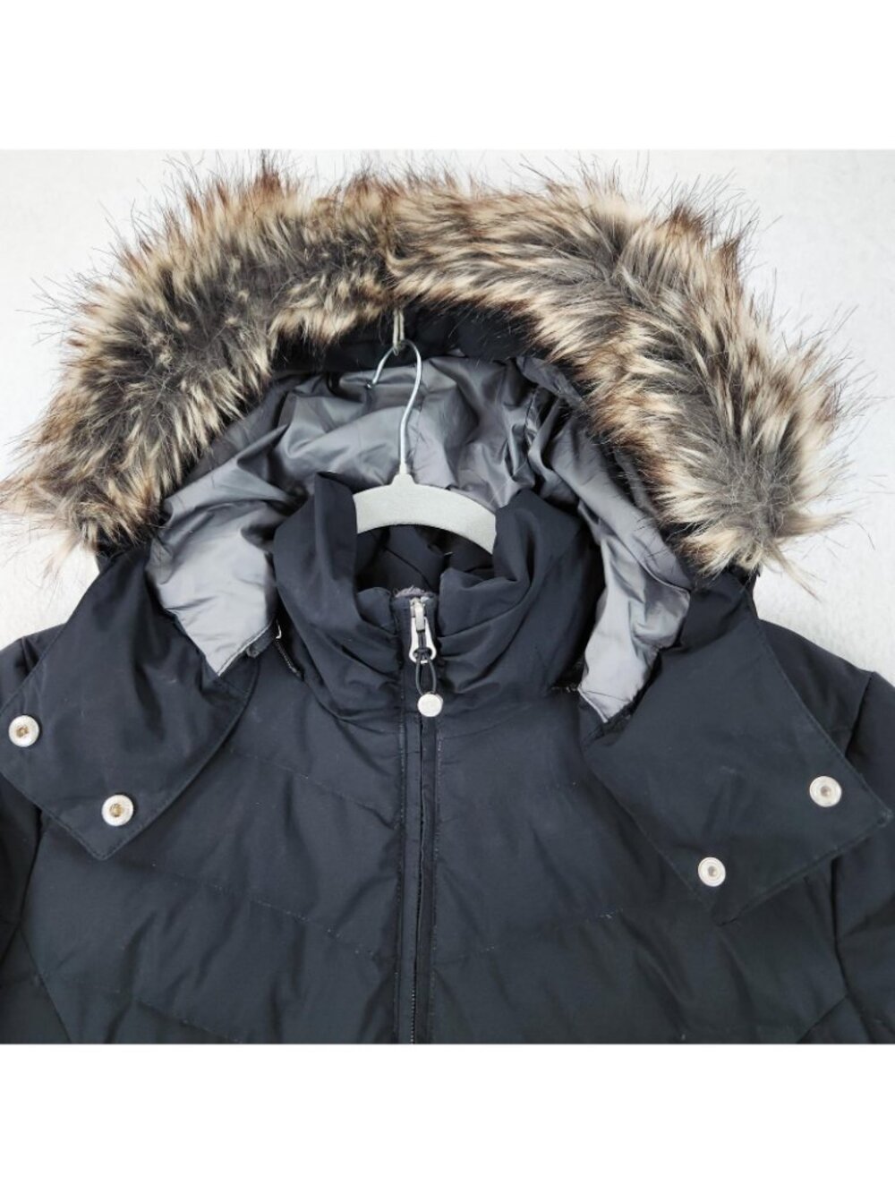 Eddie Bauer Coat Womens XL Petite Black Down Puffer Hooded Faux Fur Long Parka - Picture 9 of 16